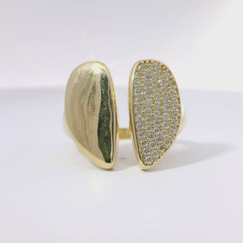14KT Gold Ring Women's Abstract Split Band Heart Design with White CZ Stones on Half of Heart and Plain Band