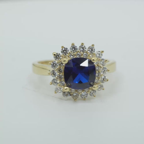 14KT Gold Ring Women's Square Navy Blue Center CZ with Round Double CZ Border Plain Band