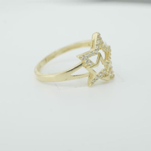 14KT Gold Ring Women's Double Star Shape White CZ Stone Outline Smaller Star Plain with Plain Split Band