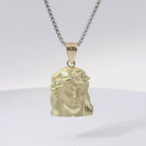 14KT Gold Charm Medium Diamond Cut Right Facing Jesus Head with Thorn Crown and Plain Bell