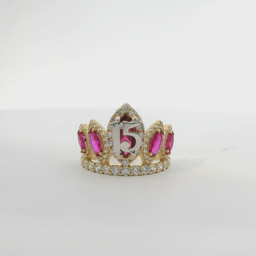 14KT Gold Ring Women's "15" Quinceanera Crown Dark Pink CZ Stones with White Round CZ Stones Band