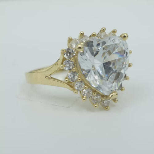14KT Gold Ring Women's Jumbo Heart White Center CZ with Round White CZ Stones Border and Plain Split Band