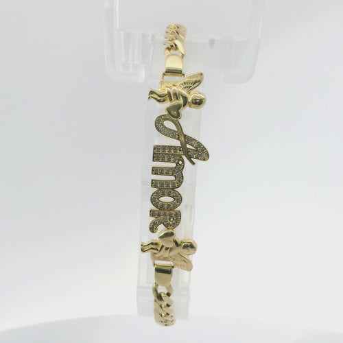 14KT Gold Bracelet Women's Single Charm White CZ Stones "Amor" with Two Plain Angels Border and White CZ Stone End Cuban Link Lobster Clasp Band
