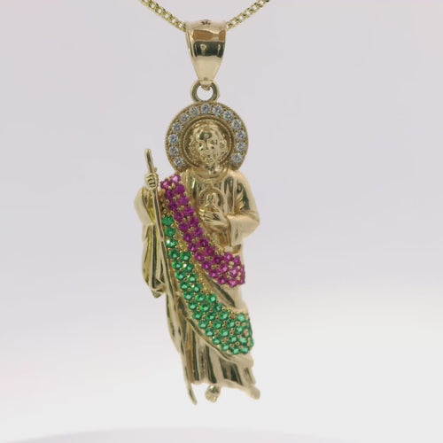14KT Gold Charm Small St. Jude with Red, Green, and White Round CZ Stones Robe with White CZ Stones Halo and Plain Bell