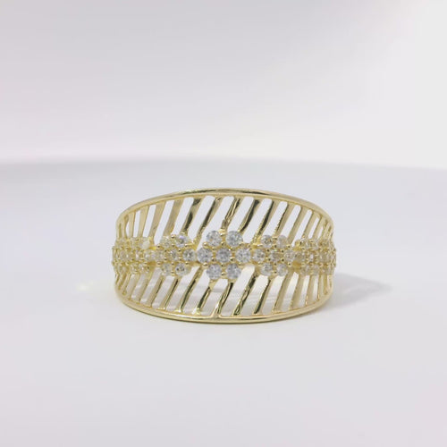 14KT Gold Ring Women's Light Weight Open Stipe Wide Band with Seven White CZ Stone Flower Center