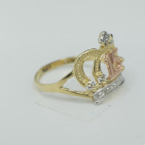 14KT Gold Ring Women's Tri Tone "15" Quinceanera Open Crown with Four White CZ Stones White Gold Band Plain Split Band