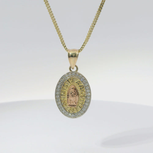 14KT Gold Charm Small Oval Two Tone Virgin Mary Quinceanera "15 Anos" Coin with White CZ Stones Border and Plain Bell