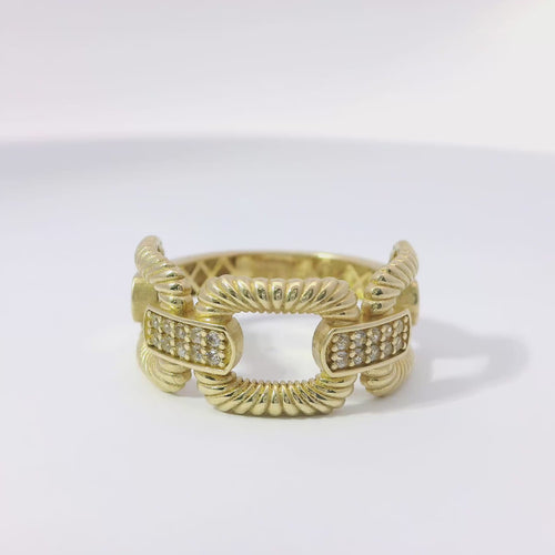 14KT Gold Ring Women's Ribbed Box Link with Two Double Rows of White CZ Stones Bars and Plain Band