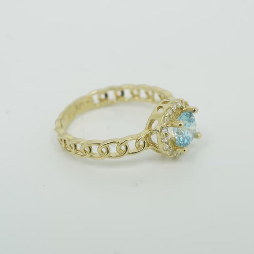 14KT Gold Ring Women's Round Light Blue Center with White CZ Stone Border Chino Link Band
