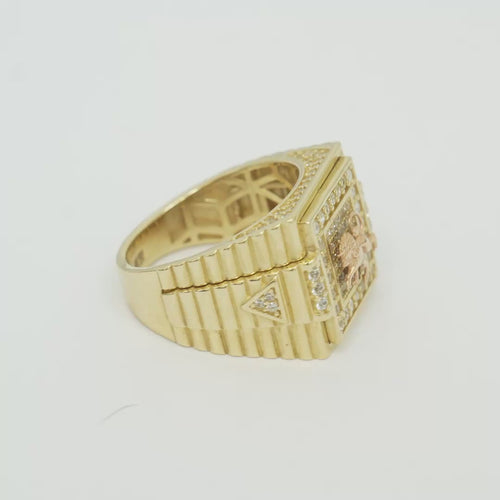 14KT Gold Ring Men's Square Two Tone Standing Lion with White CZ Stones Border and White CZ Triangle Design on Ridged Watch Band Style Sides