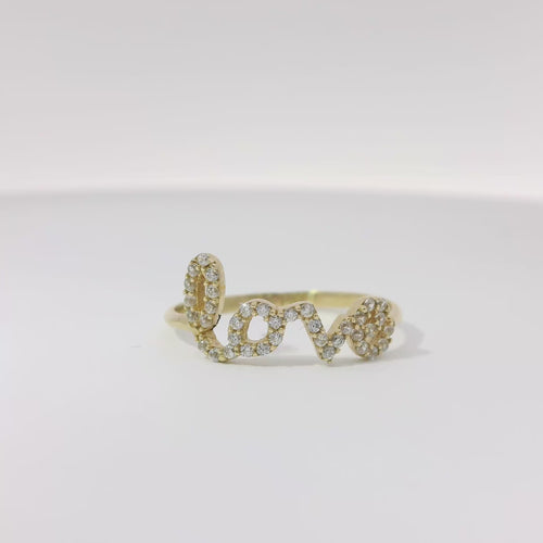 14KT Gold Ring Women's Light Weight White CZ Stone Cursive "Love" Band