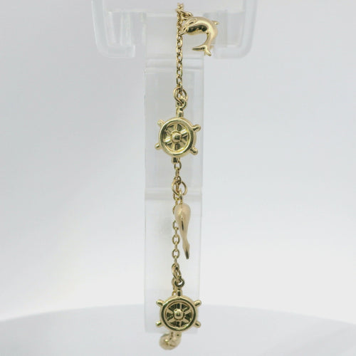 14KT Gold Bracelet Women's Charm Alternating Plain Puff Ship Wheel and Plain Puff Dolphins with White CZ Stone End Cable Link Lobster Clasp Band