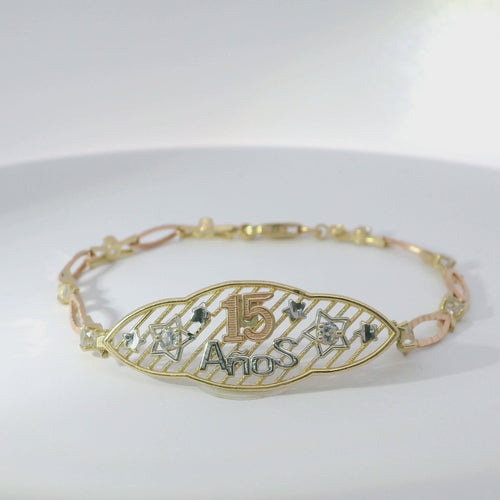 14KT Gold Bracelet Women's Tri Tone "15 Anos" Quinceanera Center Two Round White CZ Stone Center Stars Stripe Background Plaque with Alternating White CZ Stone / Eye Shape Band 4.5mm