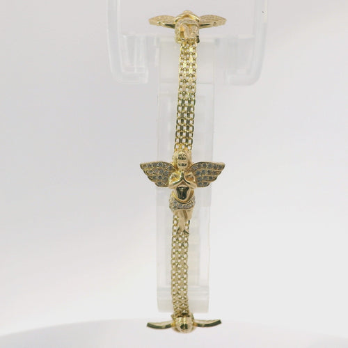 14KT Gold Bracelet Women's Three Charm Angel with White CZ Stones Wings and White CZ Stone End Bizmark Link Lobster Clasp