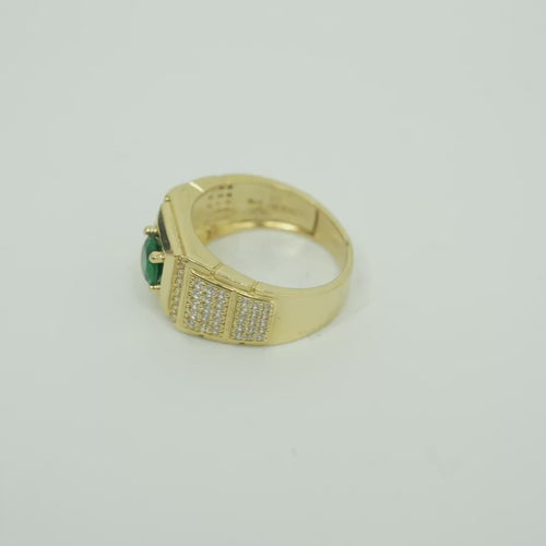 14KT Gold Ring Men's Square Green CZ Round Center Stone Plain Platform Border Band Design Single Row White CZ Stones Stair with Two Five Stone Triple Row White CZ Stones Blocks One Ridge Under Each Box Plain Borders