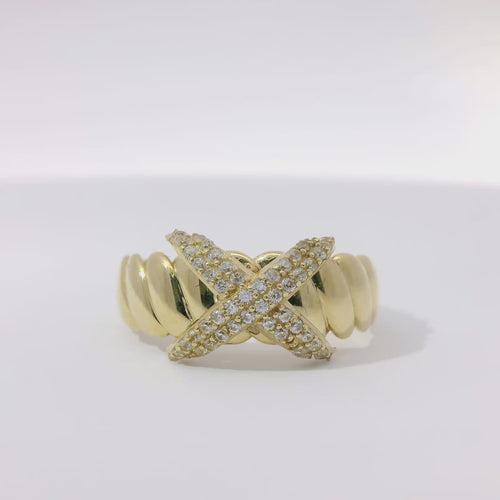 14KT Gold Ring Women's Raised White CZ Stones X Center and Plain Ribbed Band