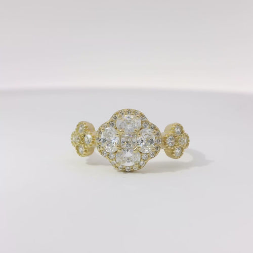 14KT Gold Ring Women's Jumbo Flower White Square CZ Stone Center Four White CZ Stone Oval Petals with Two White CZ Stone Side Flowers and Borders with Plain Band
