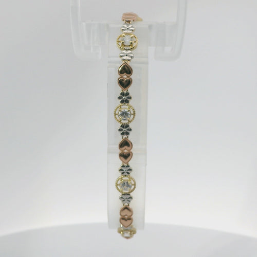 14KT Gold Bracelet Women's Tri Tone Tennis with Alternating White CZ Stones, Flowers, and Double Vertical Rose Gold Hearts Pattern with Beaded Border and Lobster Clasp