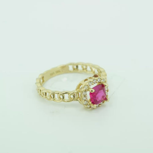 14KT Gold Ring Women's Square Red Center Stone with White CZ Stone Border Chino Band