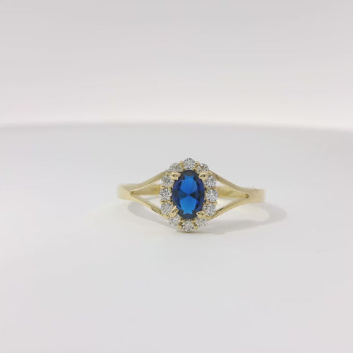 14KT Women's Gold Ring Mini Oval Navy Blue Center CZ Stone with Round White CZ Stones Border and Plain Split Band