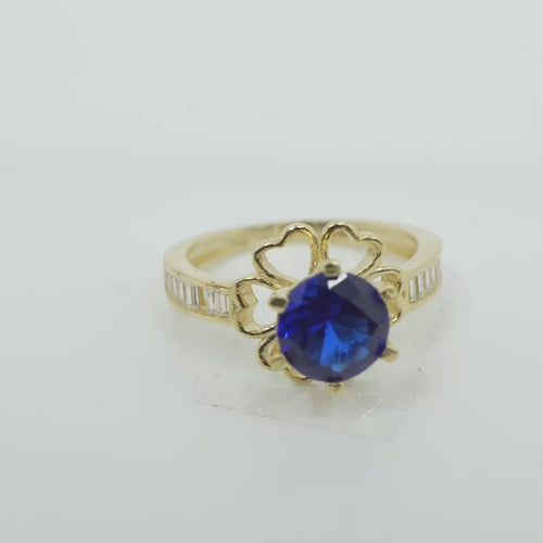 14KT Gold Ring Women's Round Navy Blue CZ Center Stone Open Flower Heart Petals with White CZ Baguette Stone Band