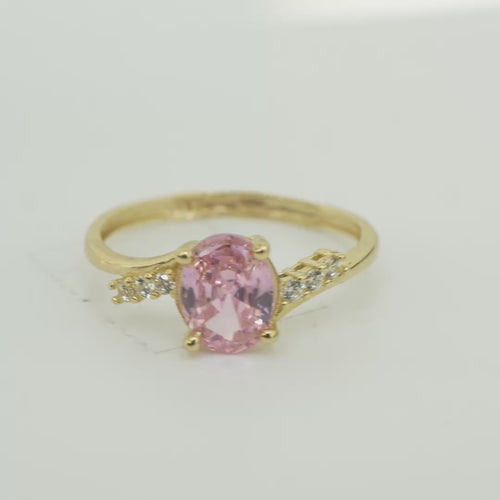14KT Gold Ring Women's Pink Oval Center CZ Stone with 3 High/Low Round White CZ Stones Shoulders and Plain Band