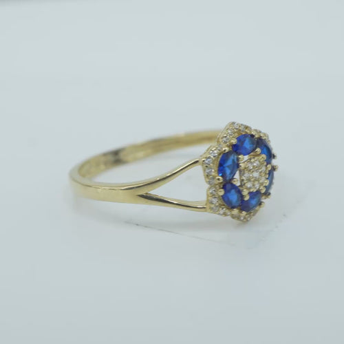 14KT Gold Ring Women's Flower Mini 6 Navy Blue Oval Petals with Round White CZ Stones Center and White CZ Stone Leaf Outline Border and Plain Split Band