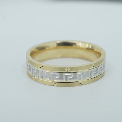 14KT Gold Ring Unisex Solid Flat Two Tone Greek White Gold Center with Designer Screw Border 6mm