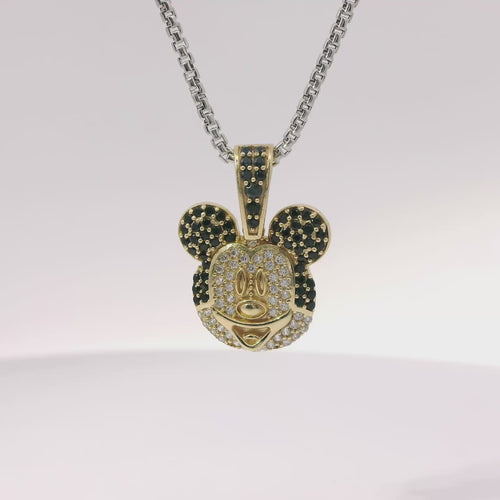 14KT Gold Charm Mickey Mouse Head with White CZ Stone Face Black CZ Ears and Bell