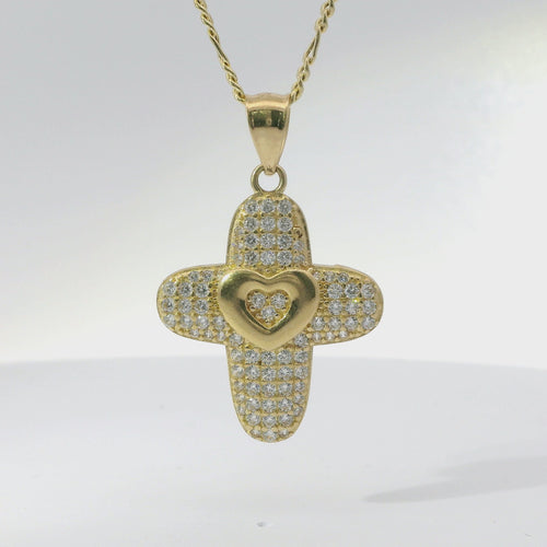 14KT Gold Charm Medium White CZ Stones Cross with Plain Heart Center and Plain Bell