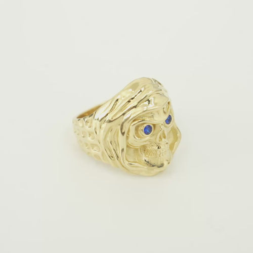 14KT Gold Ring Men's Grim Reaper with Blue CZ Stones Eyes
