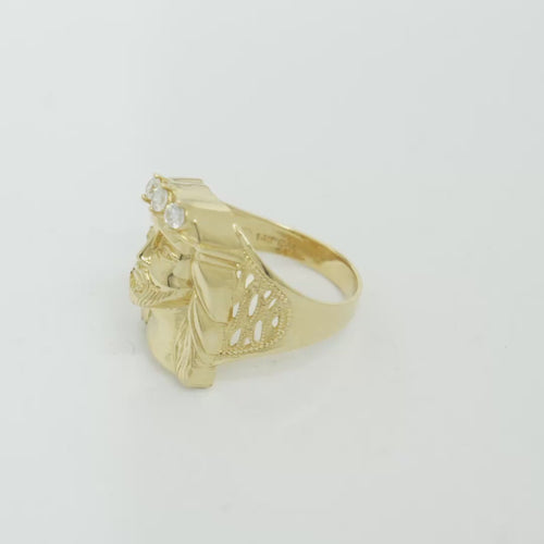 14KT Gold Ring Men's Jesus Head Three White Round CZ Stones Crown Side Design 10 Gallery Hole