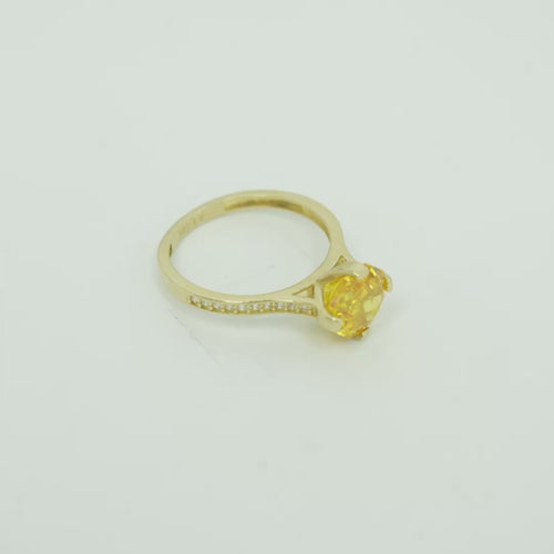 14KT Gold Women's Ring Octagon Rose Mini 4 Prong Amber CZ Center Stone with Round White Pave CZ Stone Band