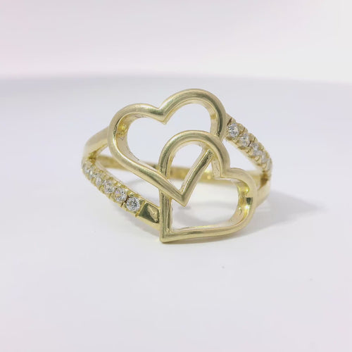 14KT Gold Ring Women's Double Tilted Open Interlocking Hearts with White CZ Stone Split Band