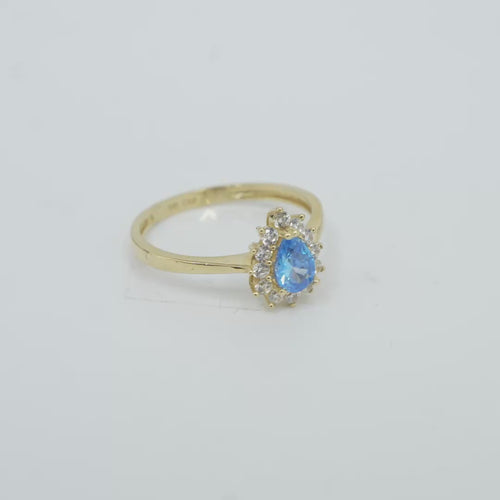 14KT Gold Ring Women's Flower Pear Light Blue Center Stone with White CZ Stone Petals Border Plain Band