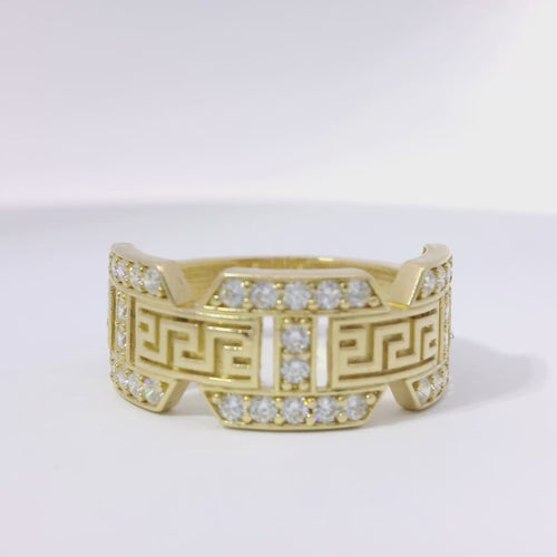14KT Gold Ring Women's Jumbo White CZ Stones Mariner Link with Plain Greek Center Band