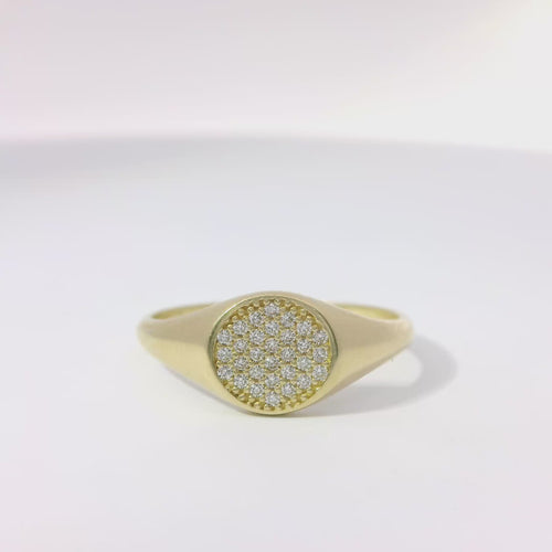 14KT Gold Ring Women's Flat Round White CZ Stone Cluster Center and Plain Band
