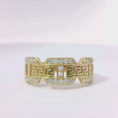 14KT Gold Ring Women's Mini White CZ Stones Mariner Link with Plain Greek Center Band