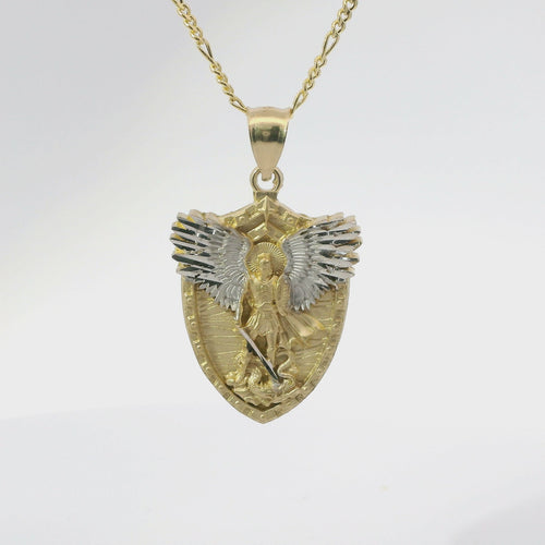 14KT Gold Charm Large Two Tone Gardian Angel Shield Shape Coin with White Gold Diamond Cut Wings and Plain Bell