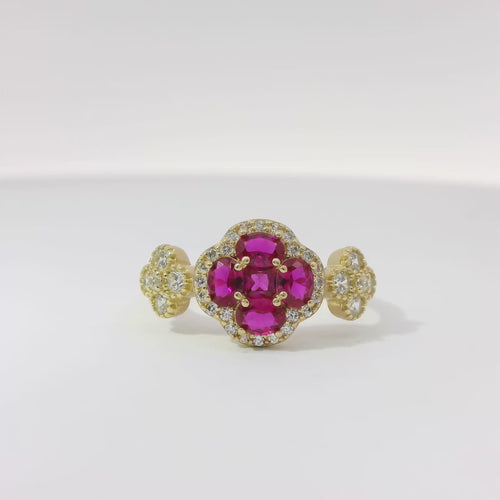 14KT Gold Ring Women's Jumbo Flower Magenta Pink Square CZ Stone Center Four Magenta Pink CZ Stone Oval Petals with Two White CZ Stone Side Flowers and Borders with Plain Band
