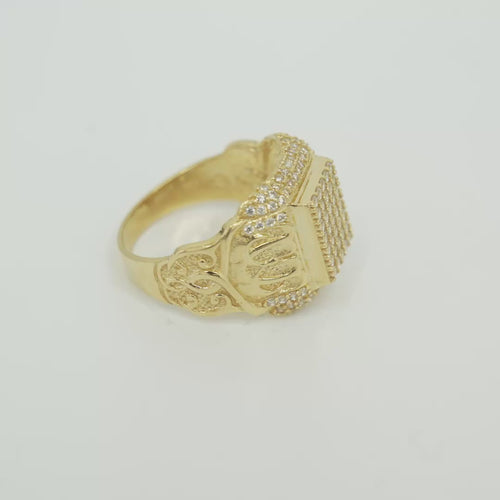 14KT Gold Ring Men's Rectangle White CZ Stone Seven Row Platform Plain Border Edge White CZ Stone Shank Gold Fancy Scroll Print