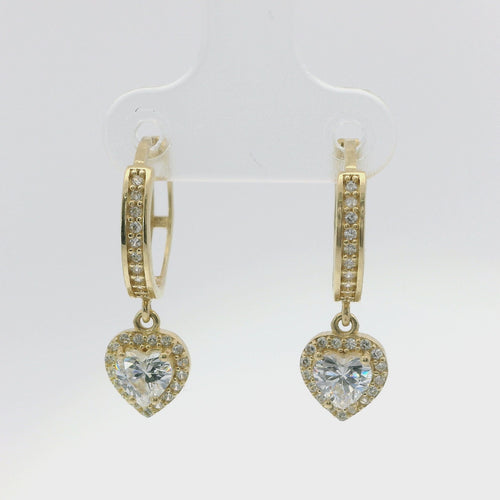14KT Gold Earring Medium White CZ Stones Heart Charm Huggie
