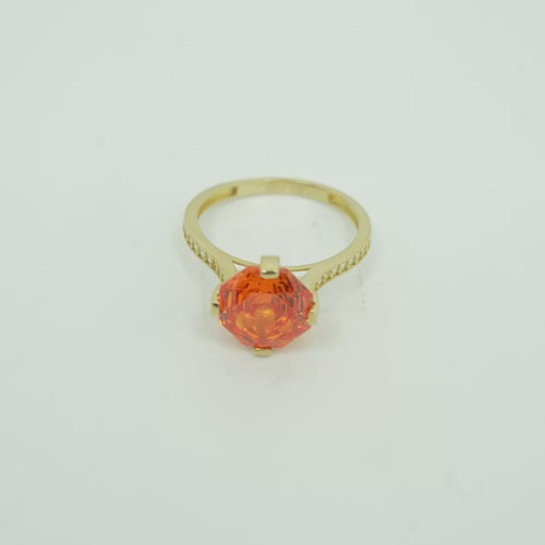 14KT Gold Ring Women's Octagon Rose Jumbo 4 Prong Orange CZ Center Stone with Round White Pave CZ Stone Band