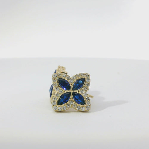 14KT Gold Earrings Small 3D Navy Blue Marquise CZ Stones Four Leaf Clover with White CZ Stones Border, Plain Edge, and Push Back Post with Butterfly Backs