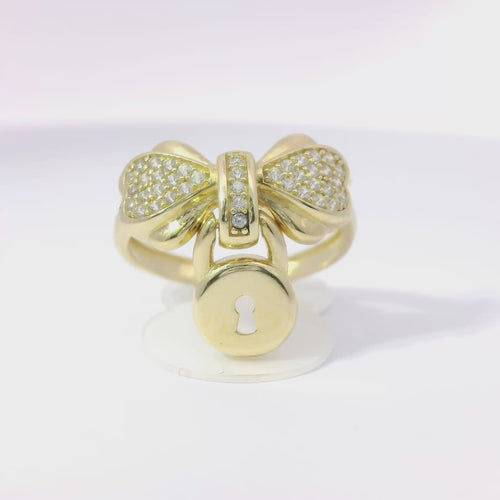 14KT Gold Ring Women's White CZ Stones Heart Shaped Bow with Round Hanging Padlock and Plain Band