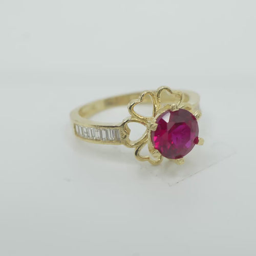 14KT Gold Ring Women's Round Red CZ Center Stone Open Flower Heart Petals with White CZ Baguette Stone Band