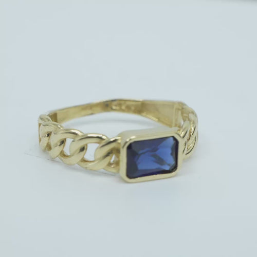 14KT Gold Ring Women's Rectangle Navy Blue Center CZ with Plain Border and Cuban Link Band