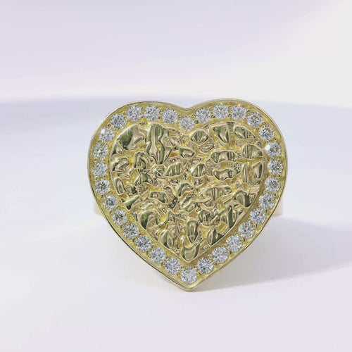 14KT Gold Ring Women's Nugget Flat Heart Center with White CZ Stone Border and Plain Split Band