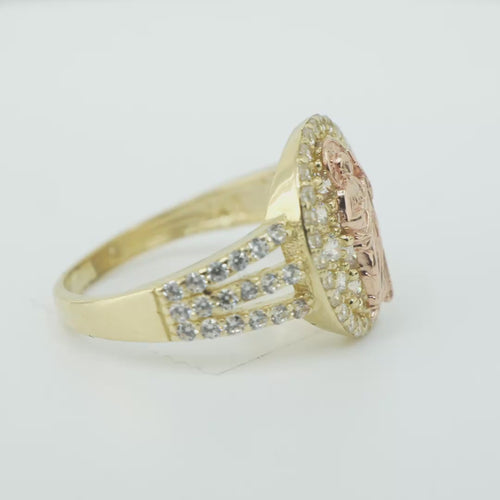 14KT Gold Ring Women's Oval Two Tone St Jude White CZ Stones Background Border Double Split CZ Band