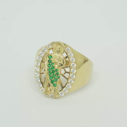 14KT Gold Ring Men's Oval St. Jude Green CZ Stone Robe with White CZ Stones Border and Plain Band